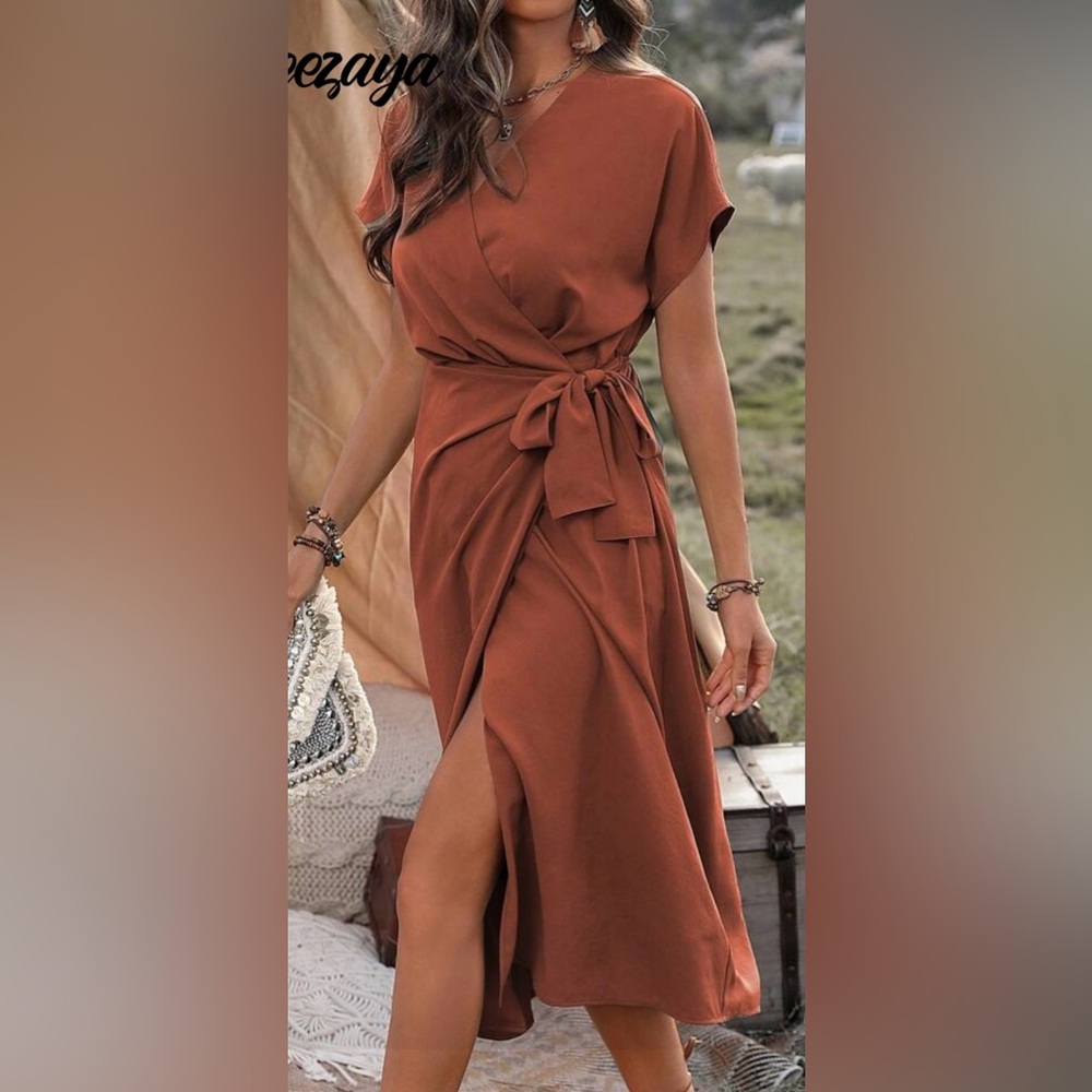 SHEIN Brown Asymmetrical Sundress with Tie Front